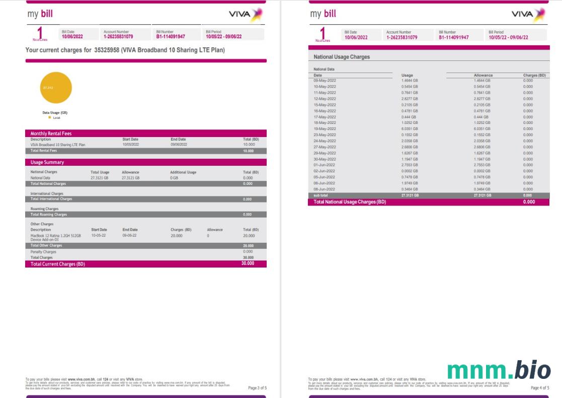 Bahrain Viva my rachunek za media Word i PDF template, 5 strony 3 4